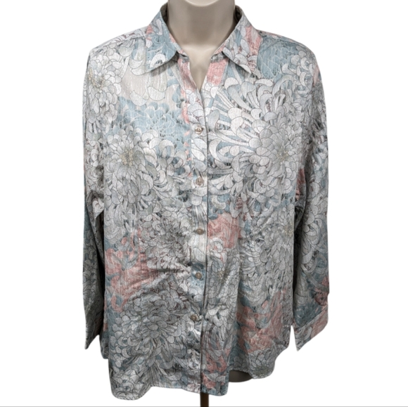 Chico's Floral Print Button Down Shirt Sz 2/L - Picture 1 of 8